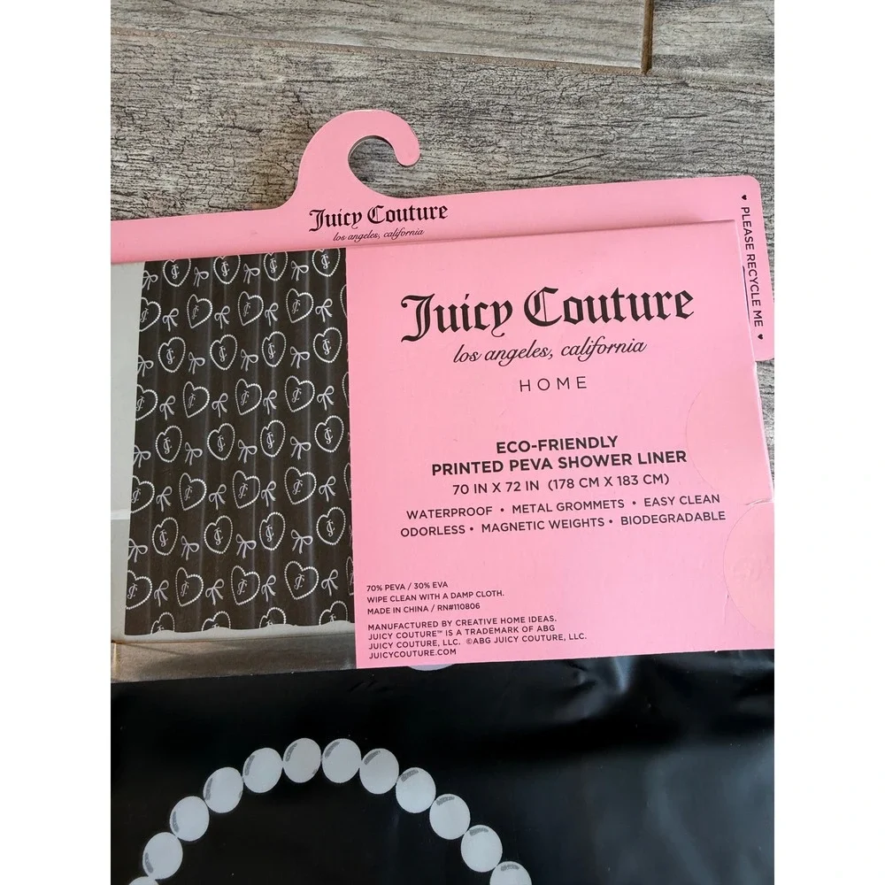Juicy Couture Shower Curtain Liner 70x72 Black Pearl Heart Bow PEVA NWT Monogram